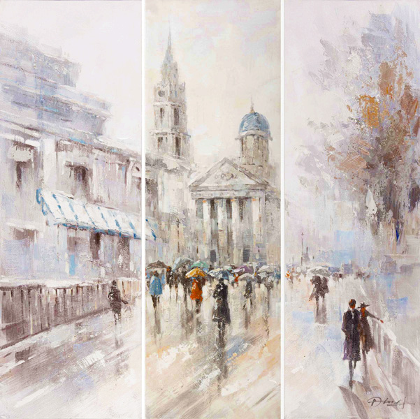 PXYW586 Wall décor art oil on canvas street scene blue white tones set of 3